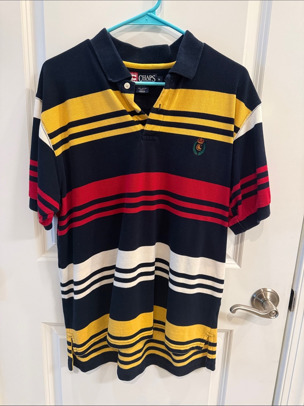 Chaps by Ralph Lauren Navy Polo with Yellow, Red & White Stripes Men's Medium